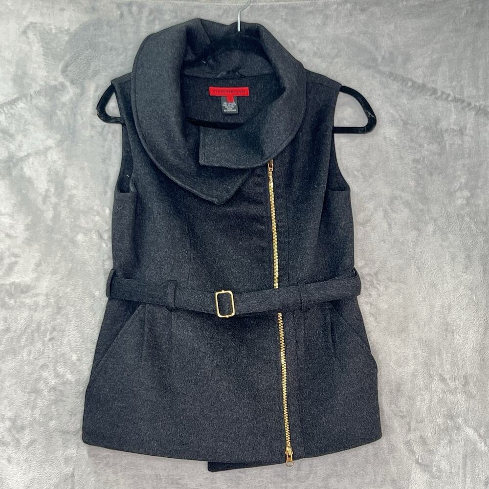 Vivienne Tam‎ Womens S Wool Vest Jacket Collared Belted Charcoal Pockets Peplum